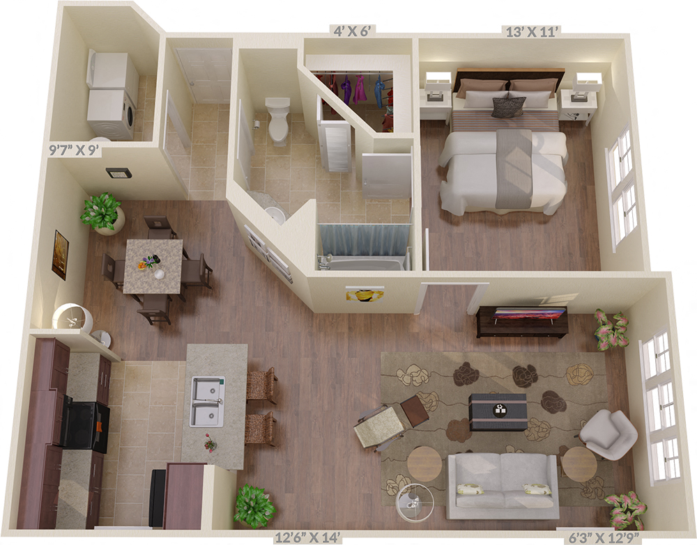 Floor plan for 1 bed, 1 bath, 836 sqft